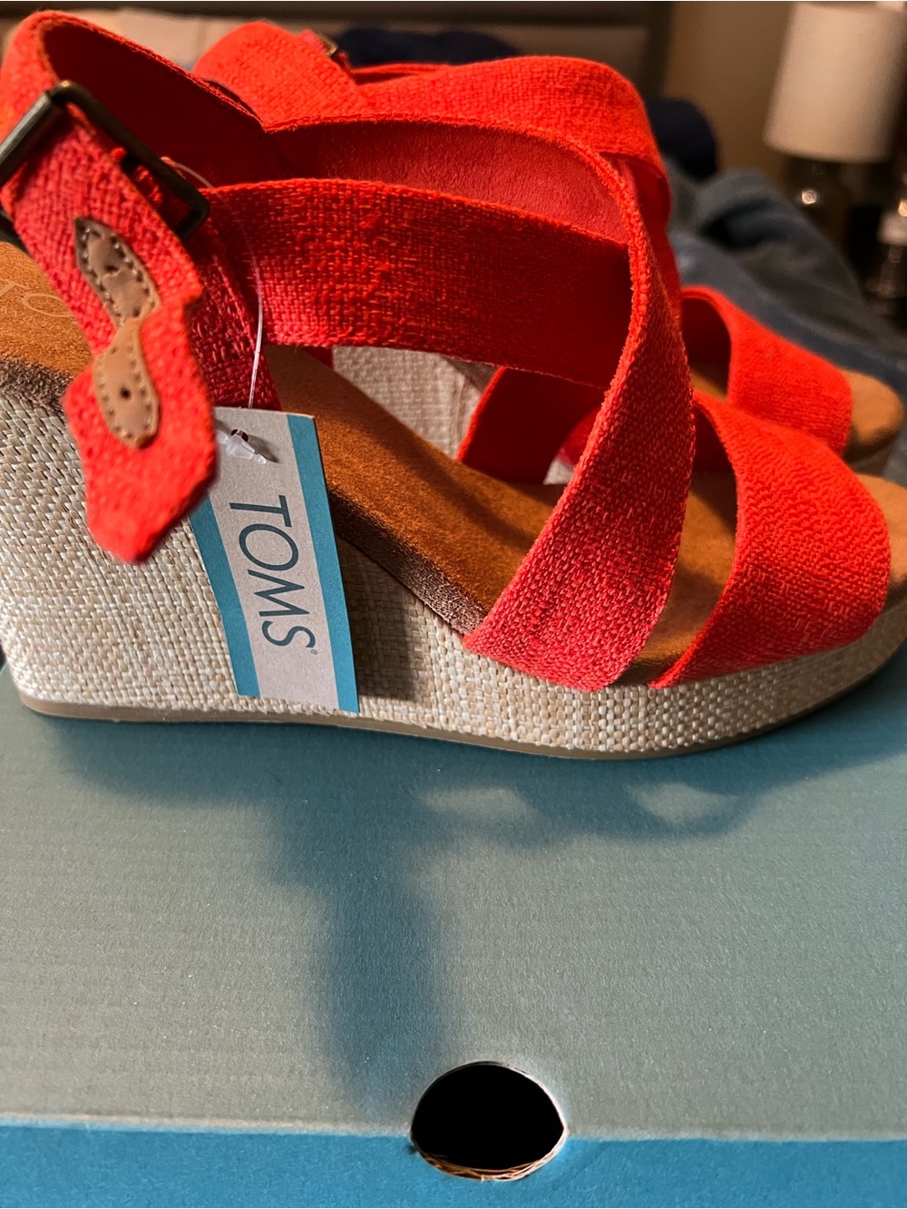 TOMS Coral Red Canvas Espadrille Wedge Sandals